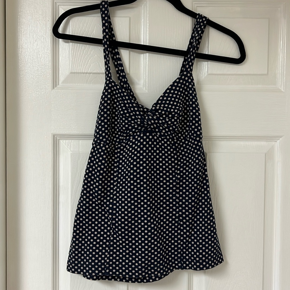 Anthropologie - Blue and Cream Polka Dot Tank With Fabric Knot at Front